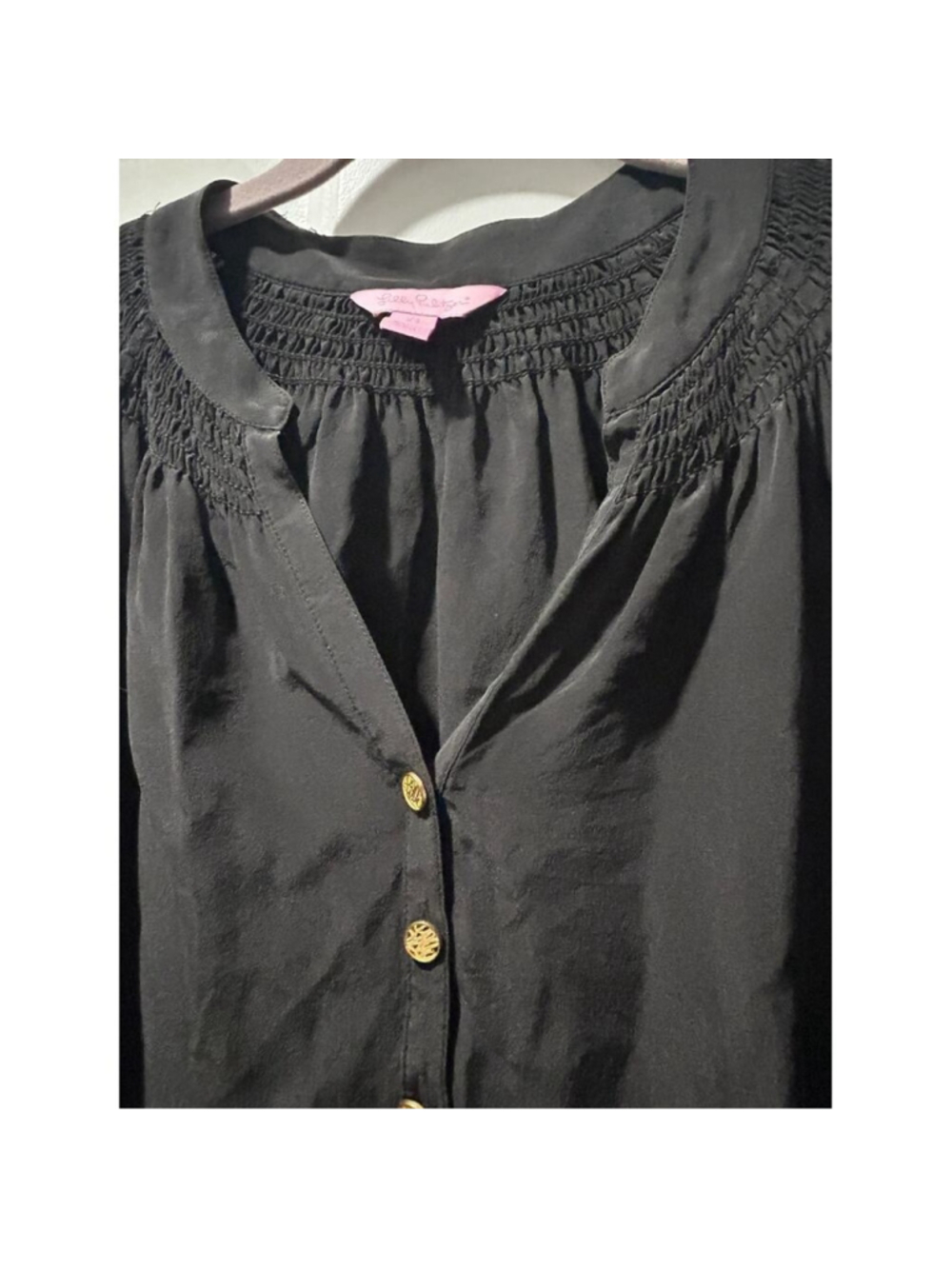 Lilly Pulitzer Black 100% Silk Smocked Peasant Blouse Women's Size XS Long - Picture 2 of 10